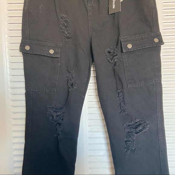 PrettyLittleThing Black Distressed Jogger Cargo Pants NWT US Size 8 - Picture 5 of 11